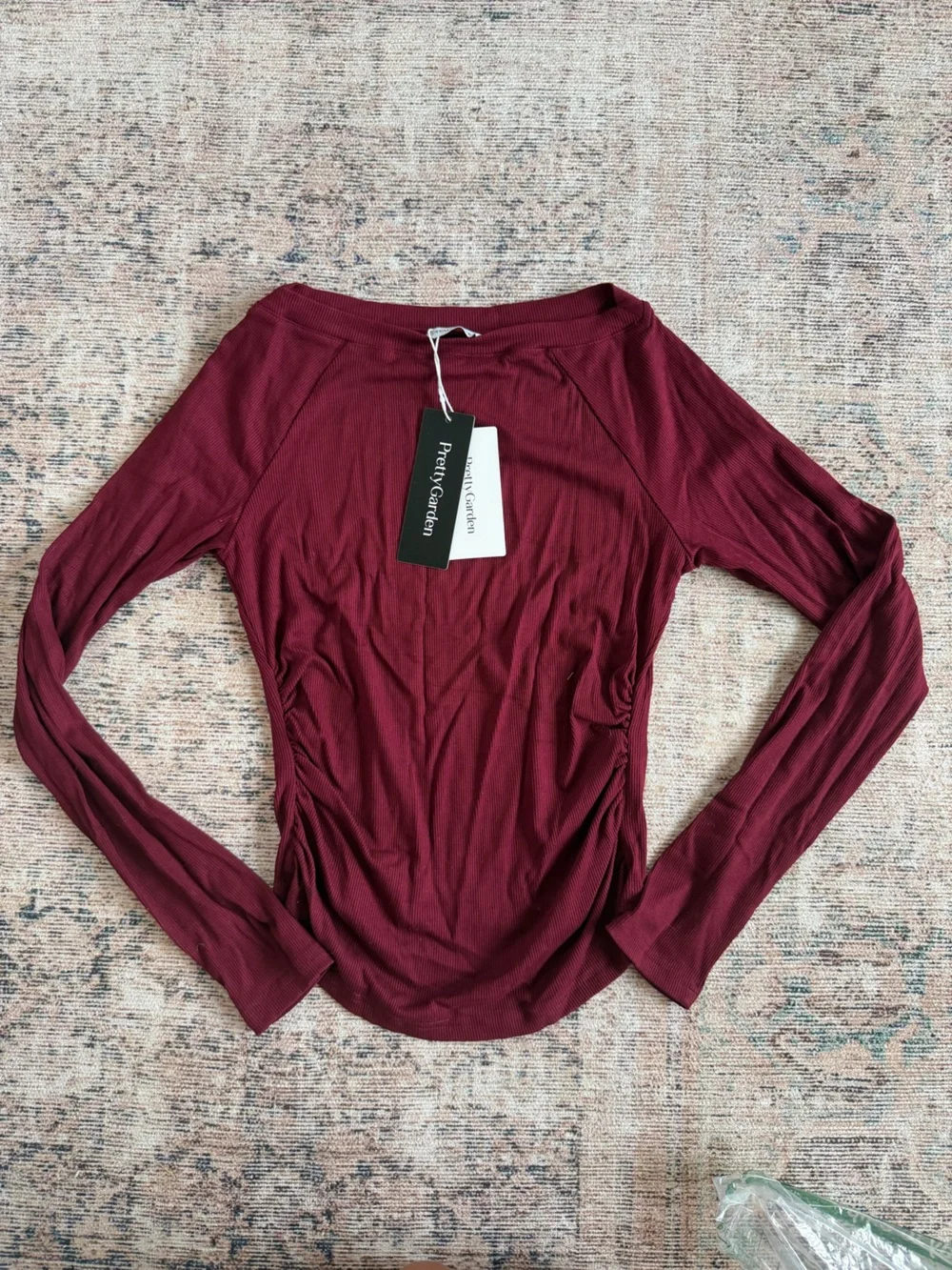 PrettyGarden Womens Burgundy Long-Sleeve Ruched Tee